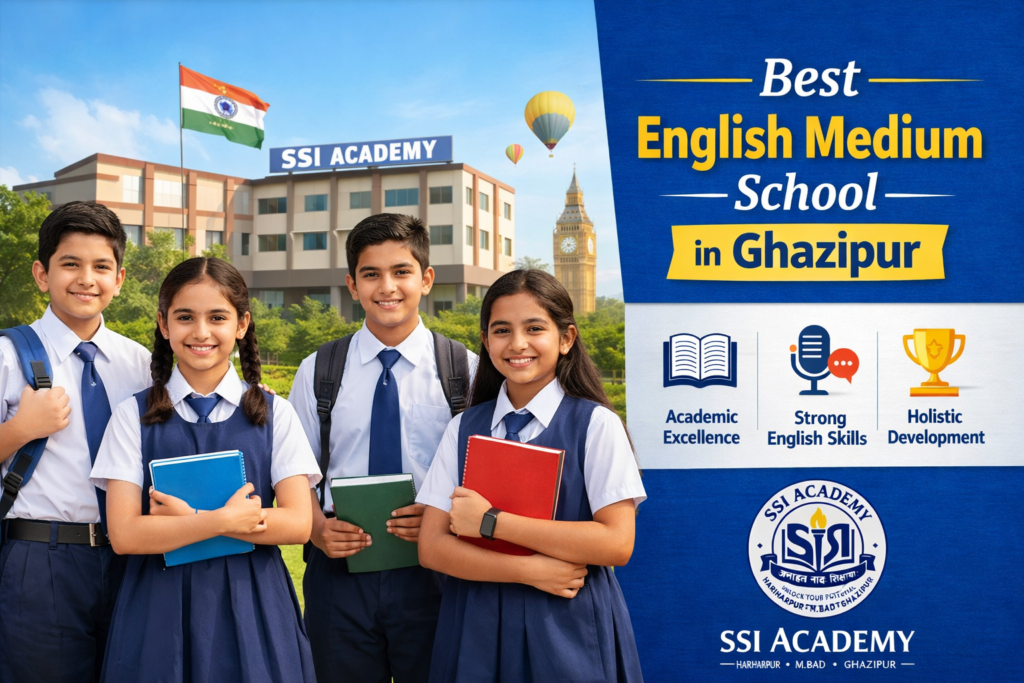 Best English Medium school in Ghazipur – SSI Academy campus with students showcasing academic excellence and strong English skills.